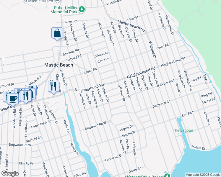map of restaurants, bars, coffee shops, grocery stores, and more near 15 Hockey Road in Mastic Beach