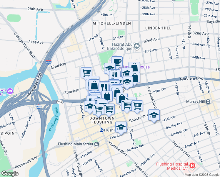 map of restaurants, bars, coffee shops, grocery stores, and more near in Queens