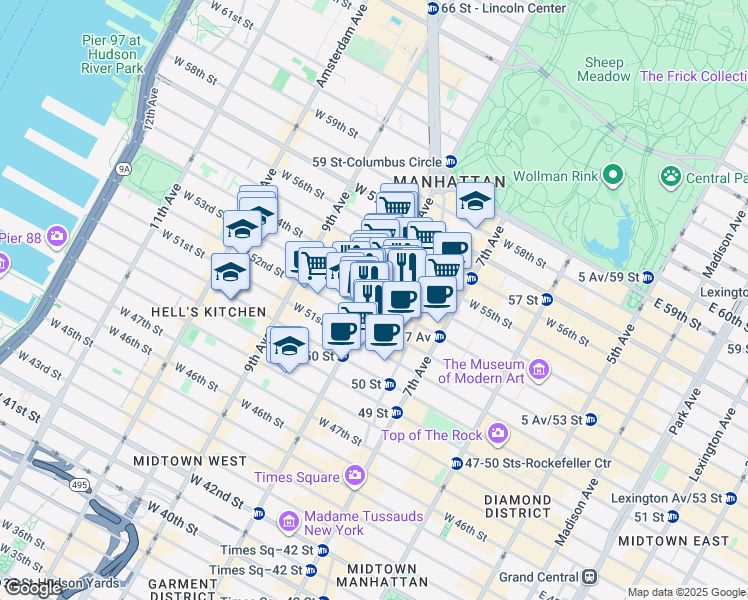 map of restaurants, bars, coffee shops, grocery stores, and more near West 53rd Street in New York