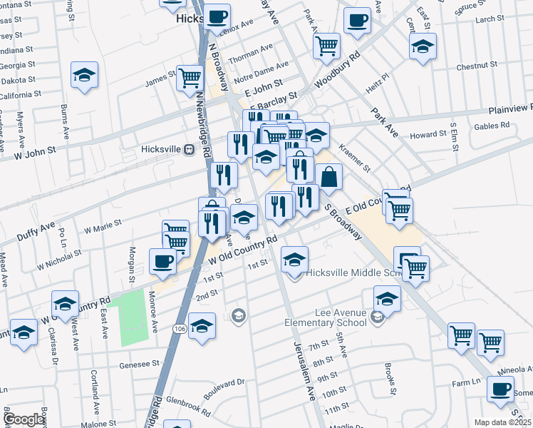 map of restaurants, bars, coffee shops, grocery stores, and more near 101 Jerusalem Avenue in Hicksville
