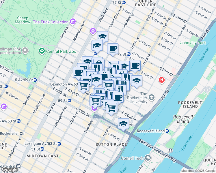 map of restaurants, bars, coffee shops, grocery stores, and more near 250 East 65th Street in New York