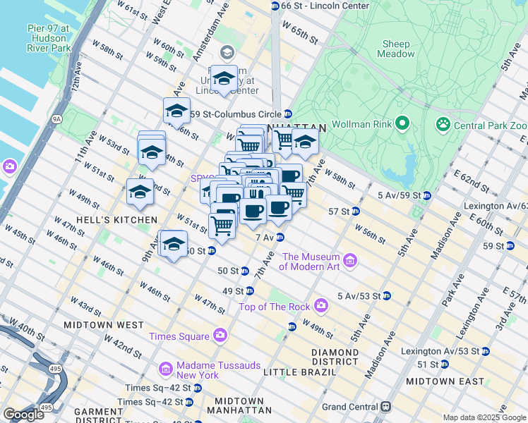 map of restaurants, bars, coffee shops, grocery stores, and more near 234 West 54th Street in New York