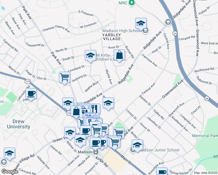 map of restaurants, bars, coffee shops, grocery stores, and more near 62 Ridgedale Avenue in Madison