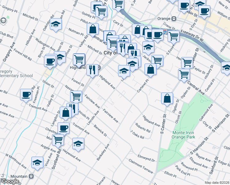 map of restaurants, bars, coffee shops, grocery stores, and more near 406 Highland Avenue in City of Orange