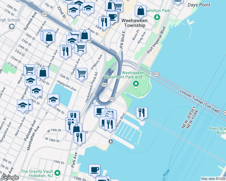 map of restaurants, bars, coffee shops, grocery stores, and more near 10 Baldwin Avenue in Weehawken