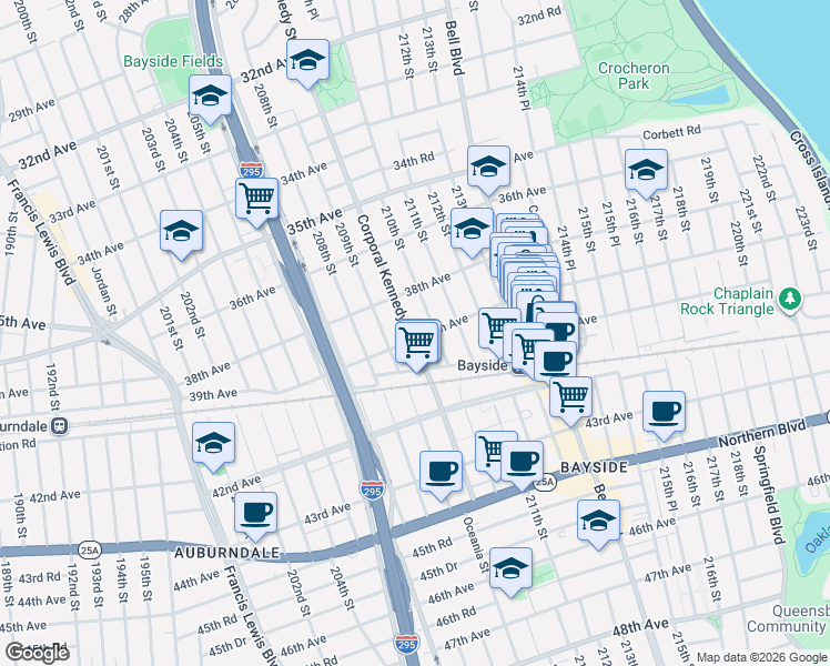 map of restaurants, bars, coffee shops, grocery stores, and more near 39-03 Corporal Kennedy Street in Queens