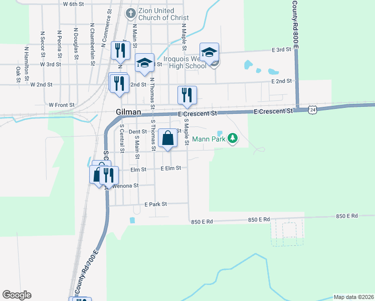 map of restaurants, bars, coffee shops, grocery stores, and more near 500 East Mann Street in Gilman