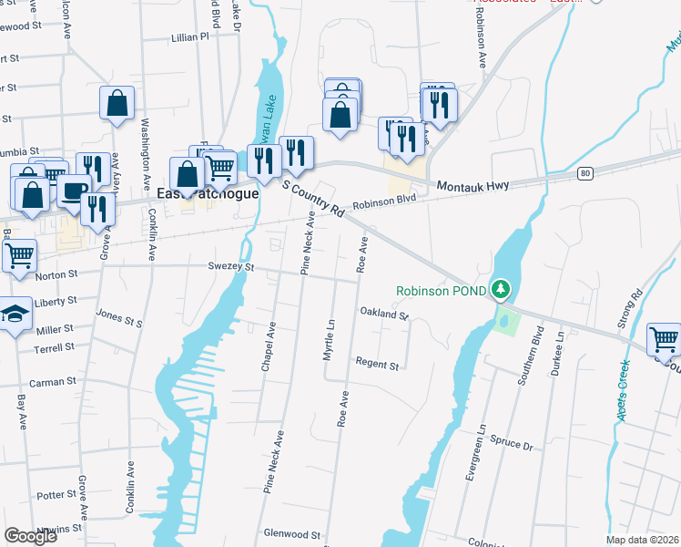 map of restaurants, bars, coffee shops, grocery stores, and more near 1 Cherry Lane in East Patchogue