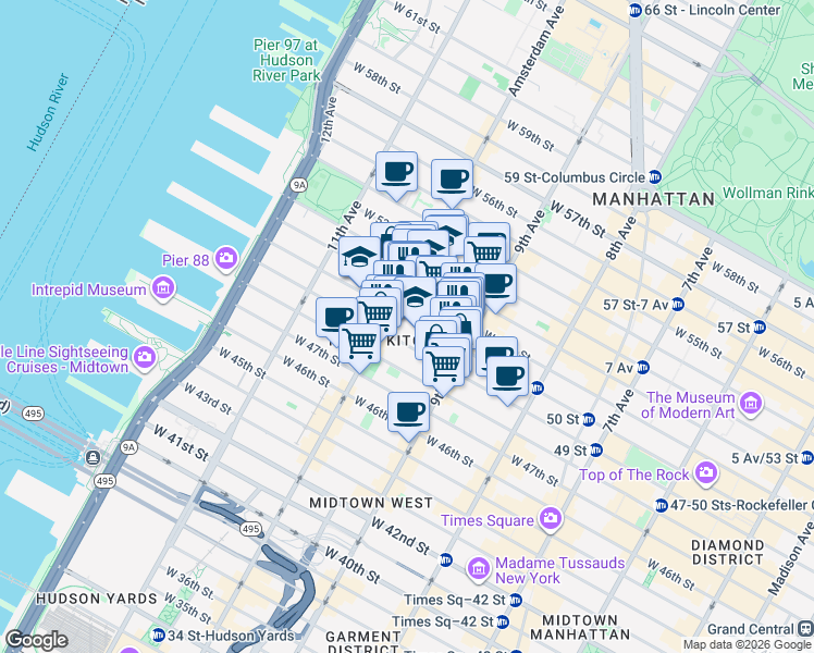 map of restaurants, bars, coffee shops, grocery stores, and more near 439 West 49th Street in New York