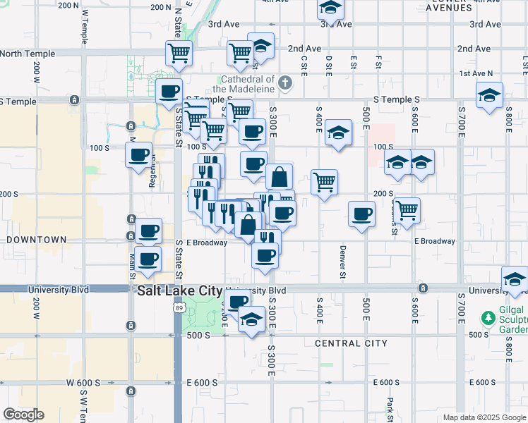 map of restaurants, bars, coffee shops, grocery stores, and more near 228 South 300 East in Salt Lake City