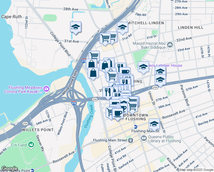 map of restaurants, bars, coffee shops, grocery stores, and more near 133-09 35th Avenue in Queens