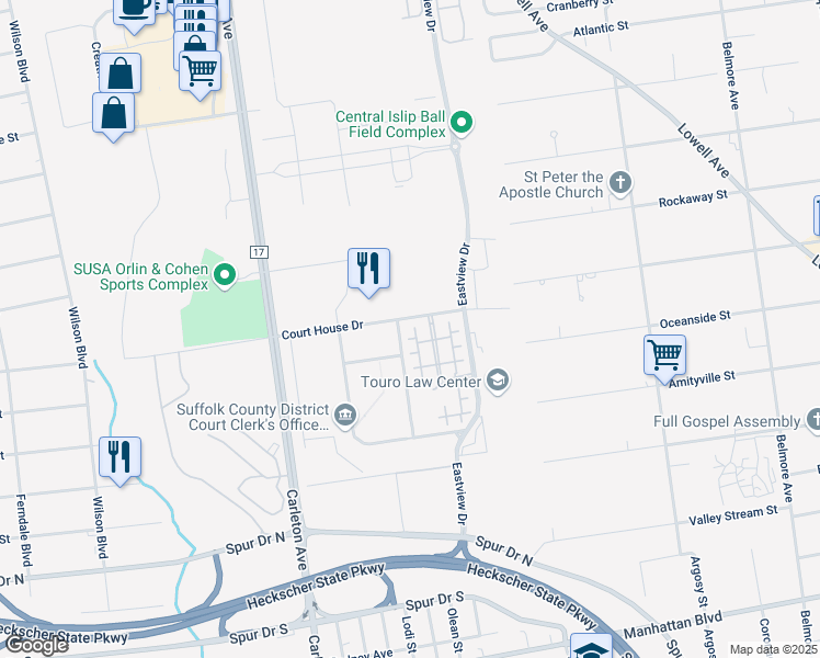 map of restaurants, bars, coffee shops, grocery stores, and more near 838 Kirkland Court in Central Islip