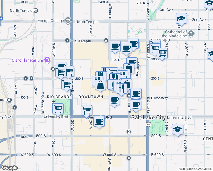 map of restaurants, bars, coffee shops, grocery stores, and more near 206s South West Temple in Salt Lake City