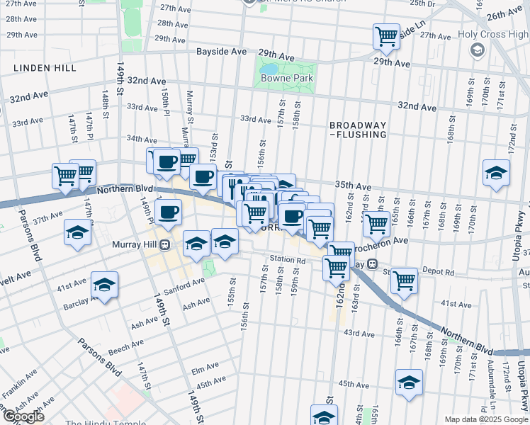 map of restaurants, bars, coffee shops, grocery stores, and more near 156-15 Northern Boulevard in Queens