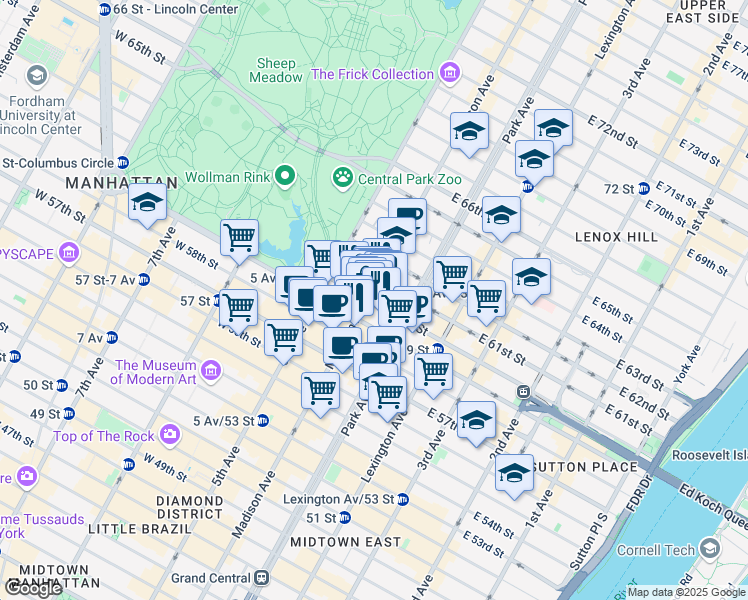 map of restaurants, bars, coffee shops, grocery stores, and more near 655 Madison Avenue in New York