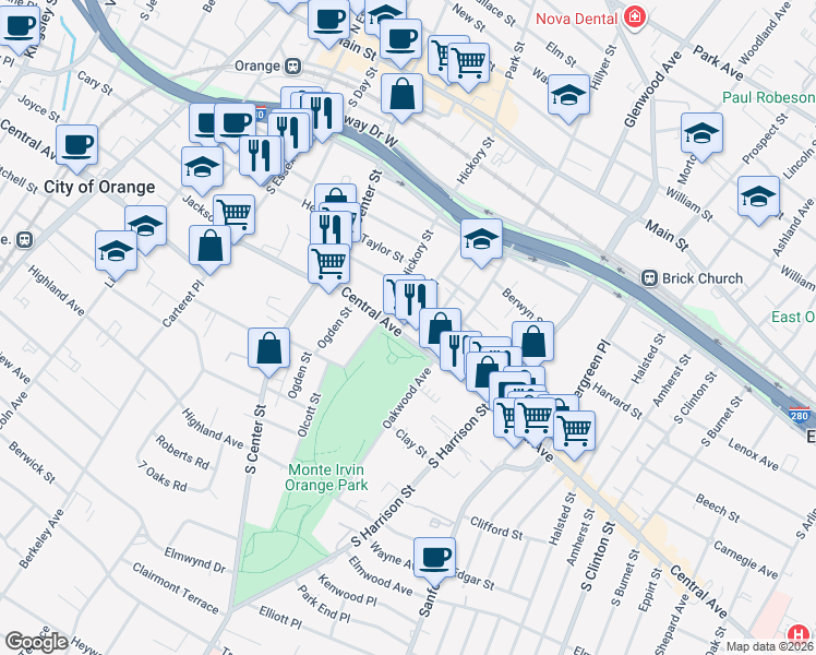 map of restaurants, bars, coffee shops, grocery stores, and more near 119 Central Avenue in City of Orange