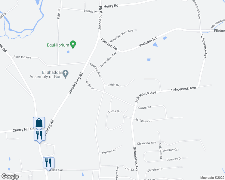 map of restaurants, bars, coffee shops, grocery stores, and more near 308 Robin Drive in Nazareth
