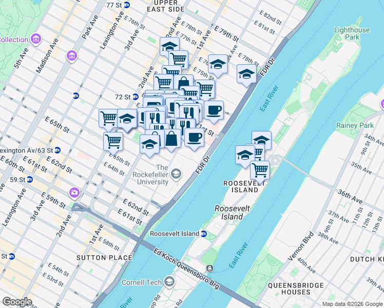 map of restaurants, bars, coffee shops, grocery stores, and more near 525 East 68th Street in New York