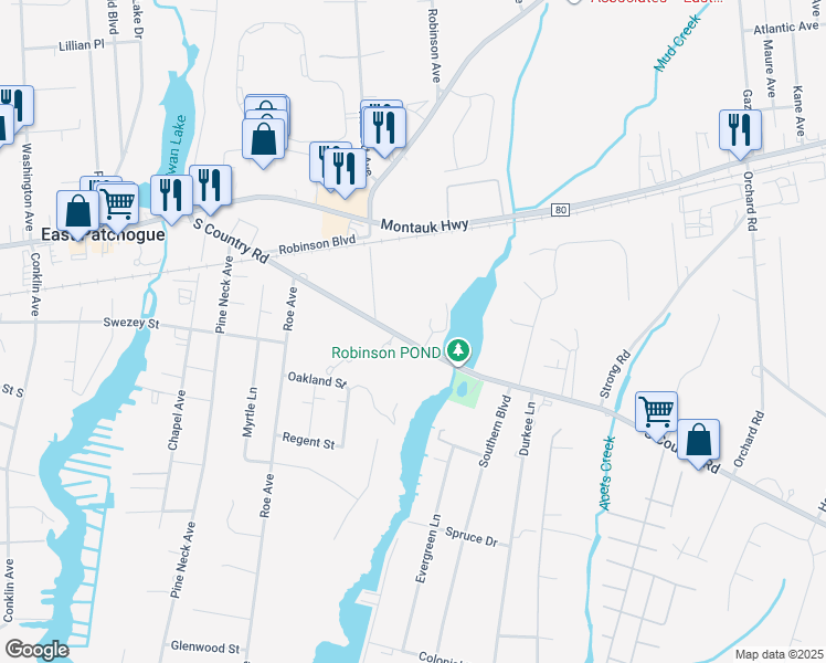 map of restaurants, bars, coffee shops, grocery stores, and more near 191 South Country Road in East Patchogue