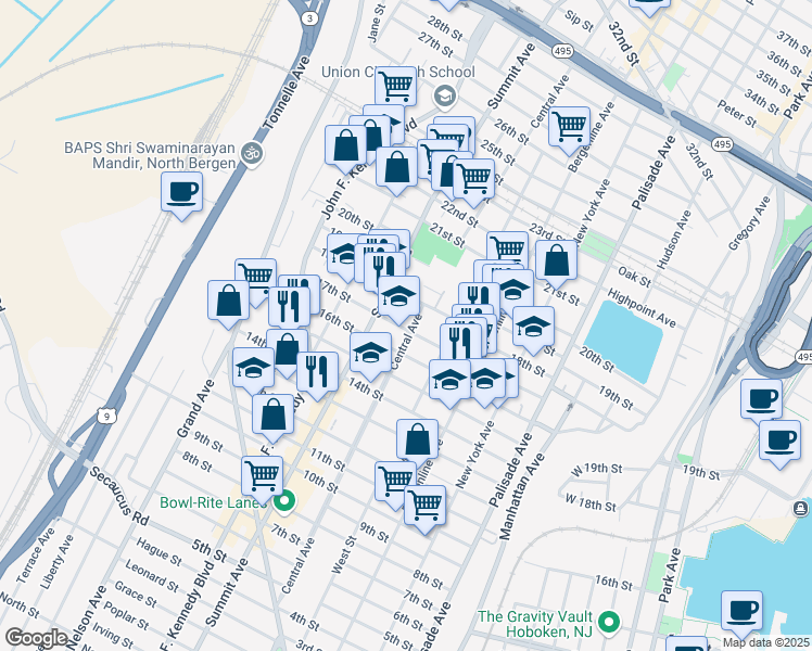map of restaurants, bars, coffee shops, grocery stores, and more near 1601 Central Avenue in Union City