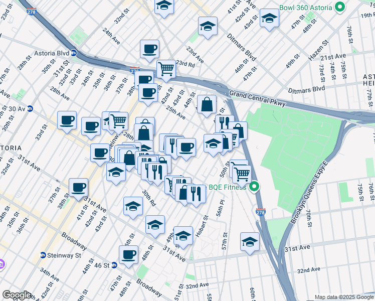 map of restaurants, bars, coffee shops, grocery stores, and more near 25-65 46th Street in Queens