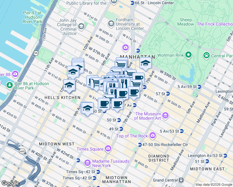 map of restaurants, bars, coffee shops, grocery stores, and more near 900 8th Avenue in New York