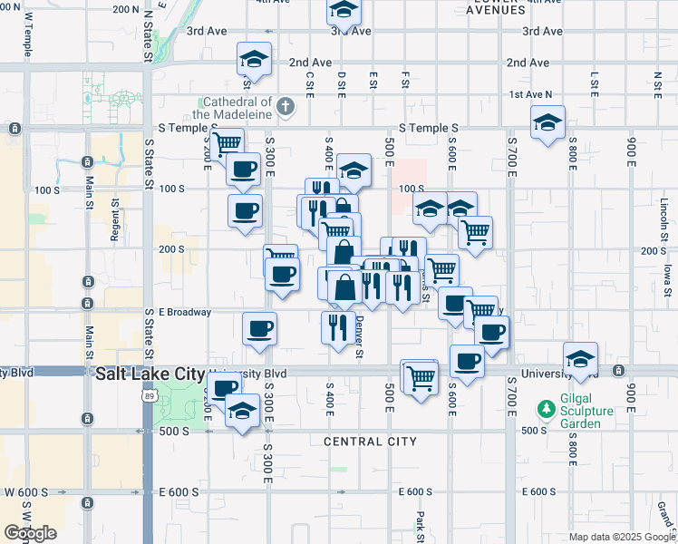 map of restaurants, bars, coffee shops, grocery stores, and more near 237 400 South in Salt Lake City