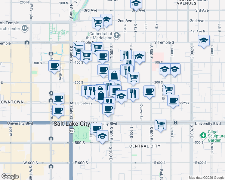 map of restaurants, bars, coffee shops, grocery stores, and more near 243 South 300 East in Salt Lake City