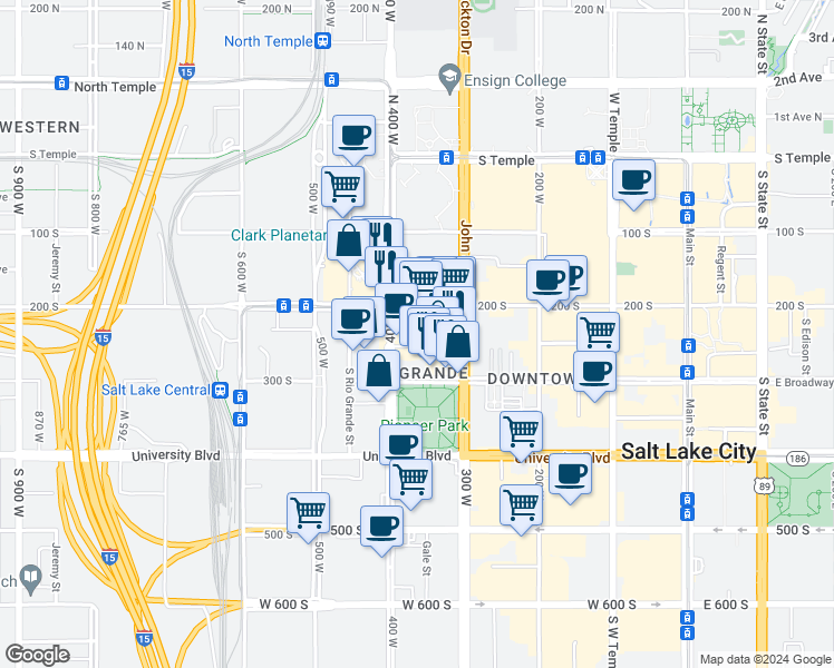 map of restaurants, bars, coffee shops, grocery stores, and more near 346 Pierpont Avenue in Salt Lake City