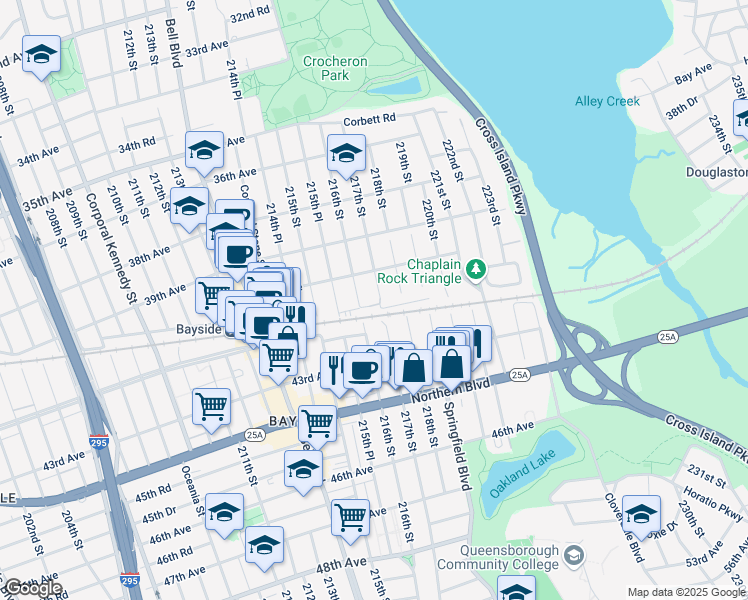 map of restaurants, bars, coffee shops, grocery stores, and more near 40-29 217th Street in Queens