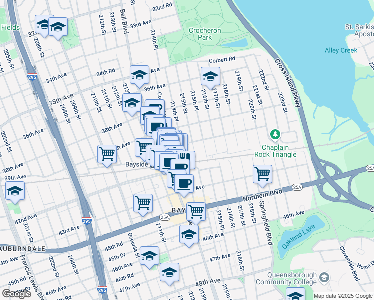 map of restaurants, bars, coffee shops, grocery stores, and more near 40-23 215th Street in Queens