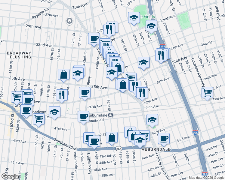 map of restaurants, bars, coffee shops, grocery stores, and more near 192-19 Crocheron Avenue in Queens