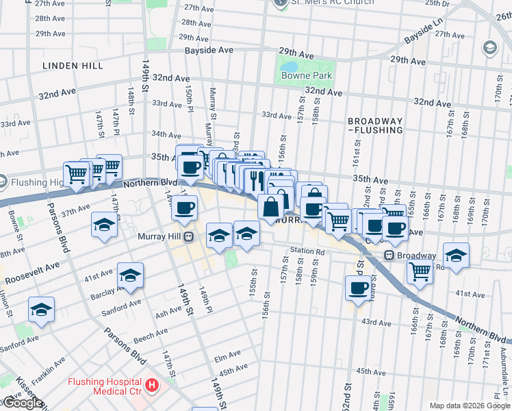 map of restaurants, bars, coffee shops, grocery stores, and more near 15415 Roosevelt Avenue in Queens