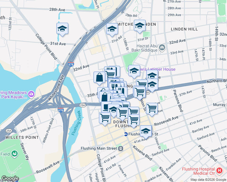 map of restaurants, bars, coffee shops, grocery stores, and more near 35-15 Farrington Street in Queens
