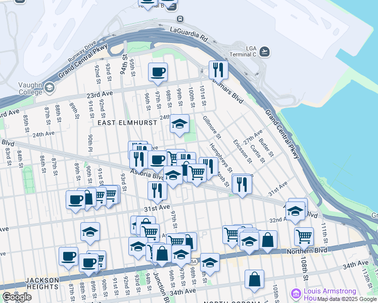map of restaurants, bars, coffee shops, grocery stores, and more near 25-23 99th Street in Queens
