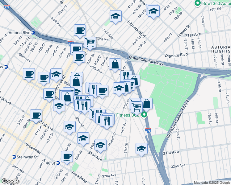 map of restaurants, bars, coffee shops, grocery stores, and more near 25-48 48th Street in Queens