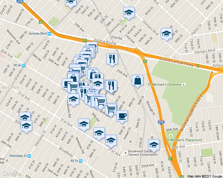 map of restaurants, bars, coffee shops, grocery stores, and more near 25-92 45th Street in Queens