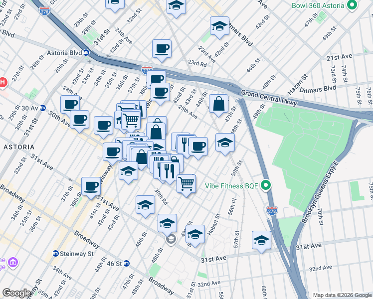 map of restaurants, bars, coffee shops, grocery stores, and more near 25-92 45th Street in Queens
