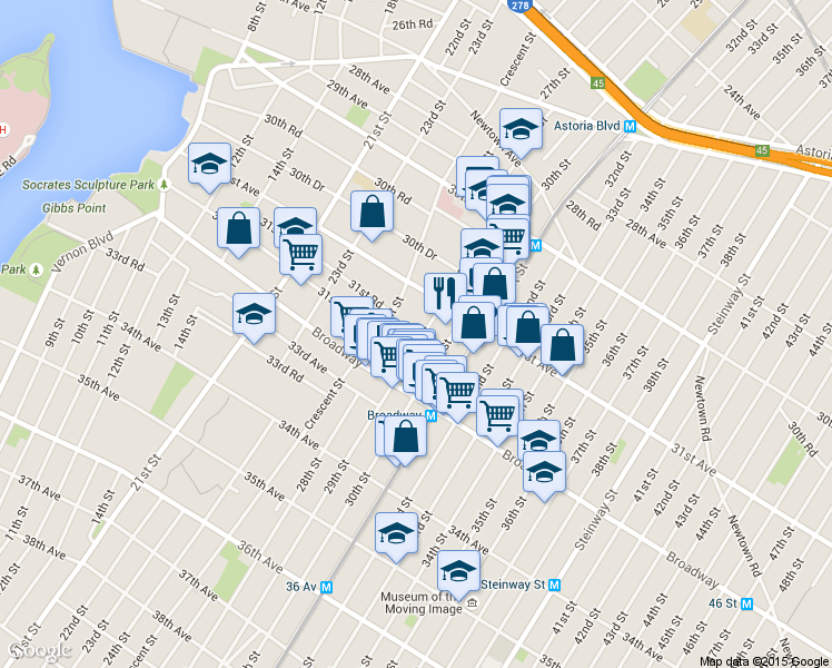 map of restaurants, bars, coffee shops, grocery stores, and more near 31-44 29th Street in Queens