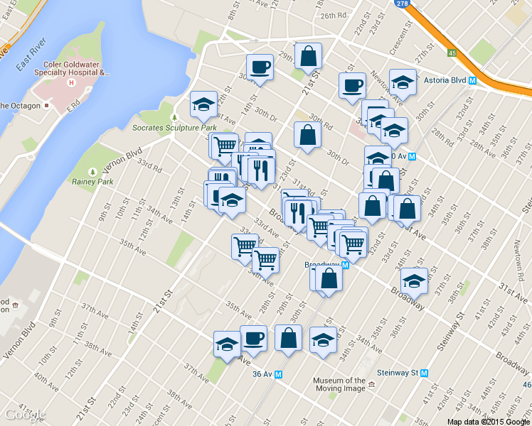 map of restaurants, bars, coffee shops, grocery stores, and more near 3211 23rd Street in Queens
