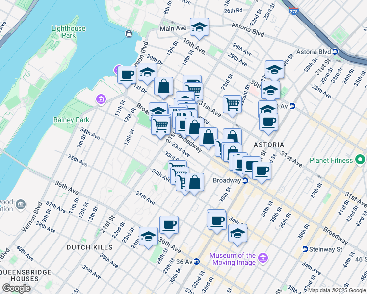 map of restaurants, bars, coffee shops, grocery stores, and more near 3211 23rd Street in Queens