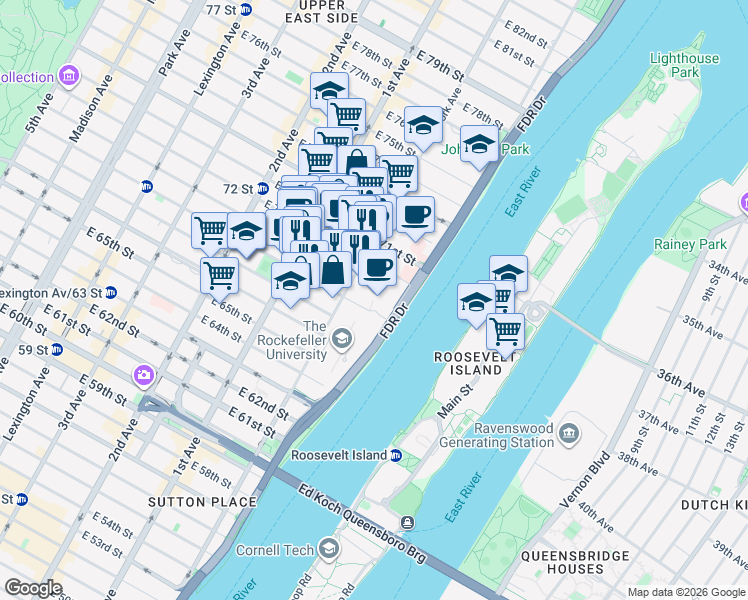 map of restaurants, bars, coffee shops, grocery stores, and more near 521 East 68th Street in New York