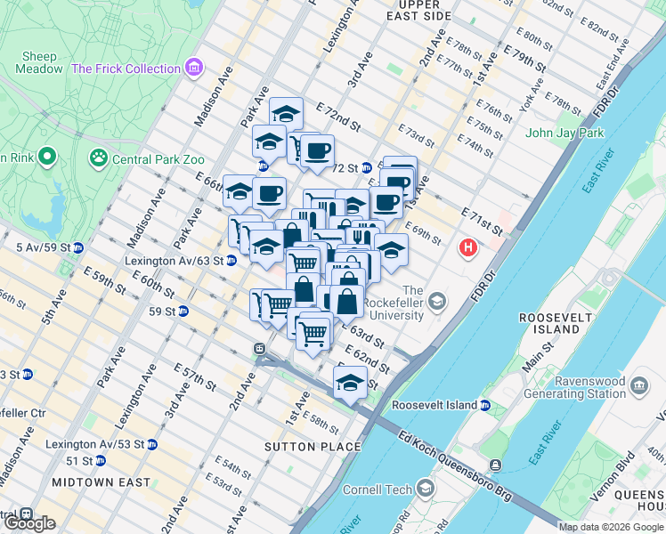 map of restaurants, bars, coffee shops, grocery stores, and more near 323 East 65th Street in New York
