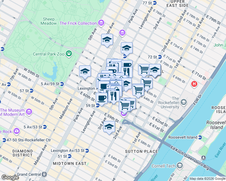 map of restaurants, bars, coffee shops, grocery stores, and more near in New York