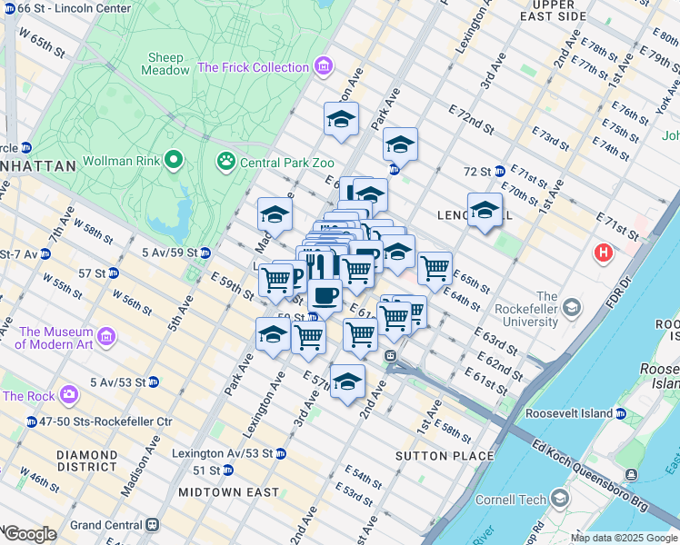 map of restaurants, bars, coffee shops, grocery stores, and more near in New York