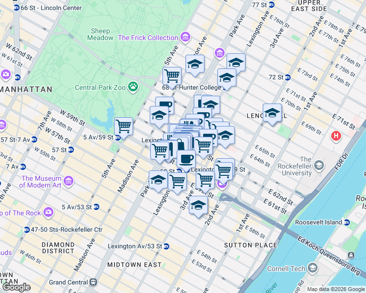 map of restaurants, bars, coffee shops, grocery stores, and more near in New York