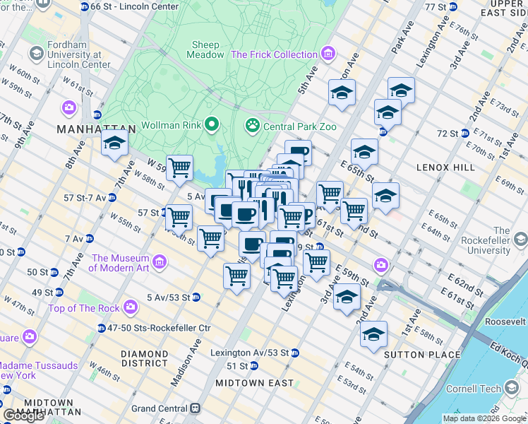 map of restaurants, bars, coffee shops, grocery stores, and more near 28 East 60th Street in New York