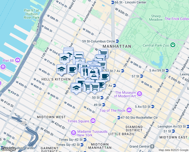 map of restaurants, bars, coffee shops, grocery stores, and more near 329 West 51st Street in New York