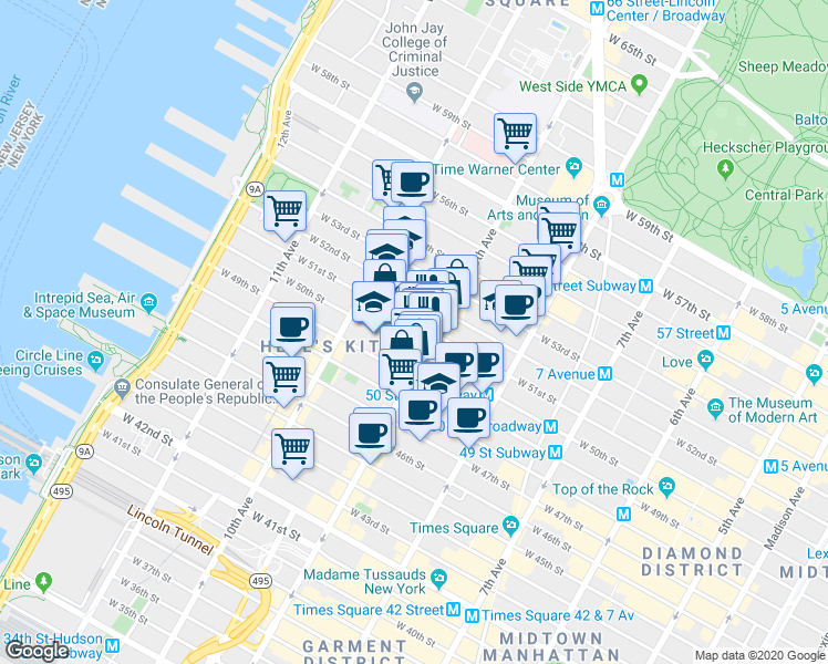 map of restaurants, bars, coffee shops, grocery stores, and more near in New York