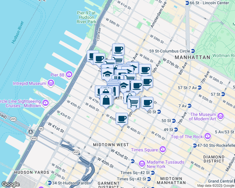 map of restaurants, bars, coffee shops, grocery stores, and more near in New York